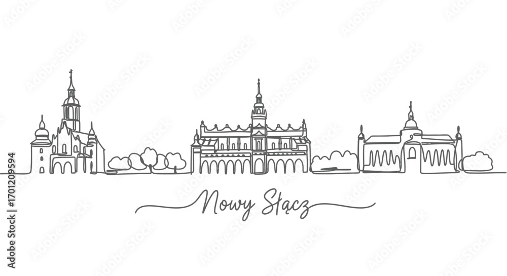 Naklejka premium Nowy Scz skyline with Poland, Line art, and Minimal.