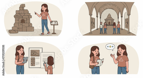 Museum exploration scenes: Visitors and guides engaging with ancient artifacts, digital displays, and cultural heritage, highlighting education, tourism, and historical learning experiences.