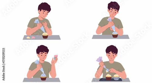 Young Man Decorating Cupcakes with Frosting, Illustrating Baking and Dessert Preparation Steps