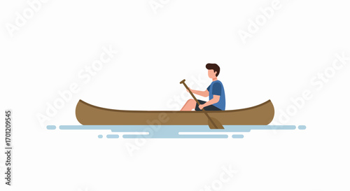 Minimalist flat vector illustration of a man paddling a canoe on water, representing outdoor recreation and adventure and peaceful summer activities.