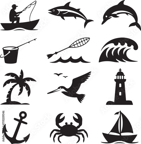Black Silhouette Icons Of Fishing Dolphin Wave Lighthouse Anchor Crab Sailboat And Pelican
