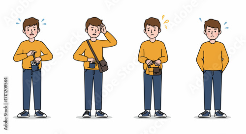 Anxious young man cartoon set, distressed by empty pockets and missing money, illustrating financial worries and a sense of loss or forgetfulness.