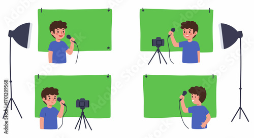 Young man recording video in a home studio with green screen, microphone, camera, and lighting, perfect for digital content creation, vlogging, and online presentations.