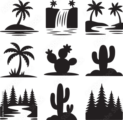 Black Silhouette Icons Of Tropical Islands Waterfall Cacti Pine Trees And River palm tree