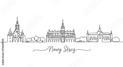 Nowy Scz skyline with Poland, Line art, and Minimal.