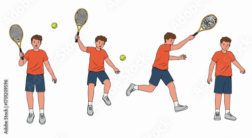 Young man playing tennis in various action poses, demonstrating different strokes and movements. Cartoon illustration of a male tennis player on a white background.