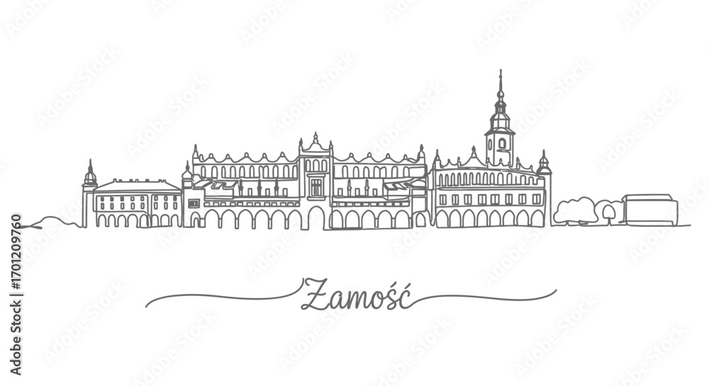 Fototapeta premium Zamo with Poland Skyline Landmark Single Line Art.