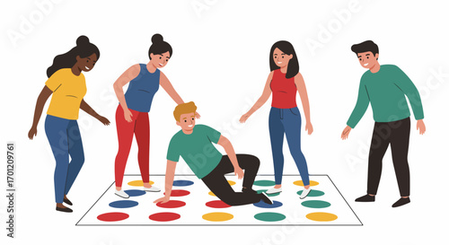 Diverse group of smiling young adults joyfully playing a colorful party game, showcasing friendship, fun, and teamwork in a vibrant illustration.