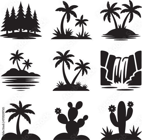 Assortment of black silhouette icons featuring tropical and desert landscapes Keywords: pine trees