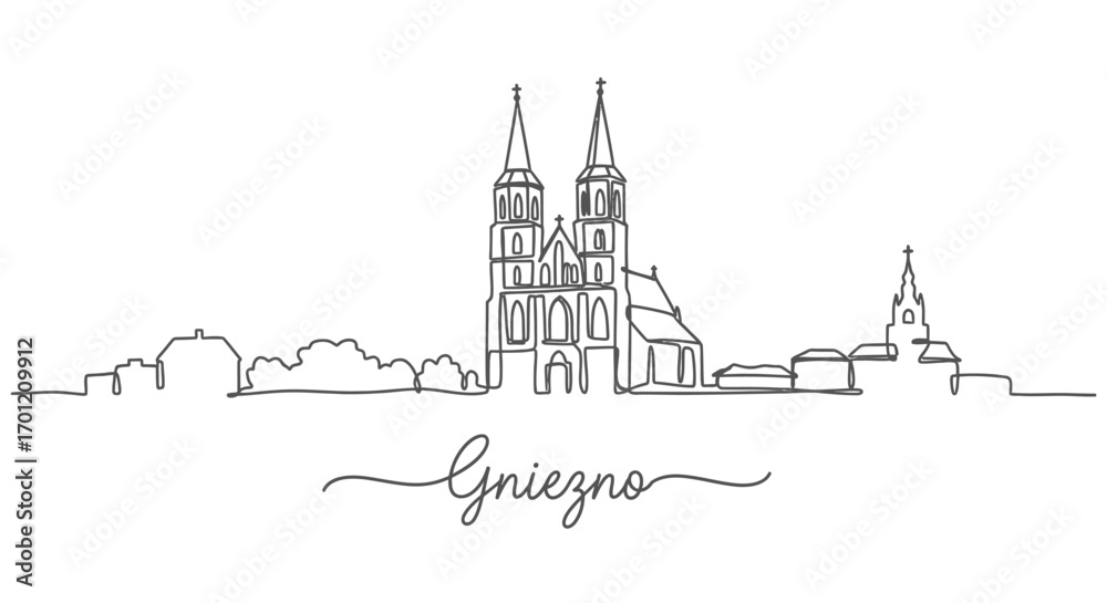 Fototapeta premium Gniezno skyline Poland Continuous line.