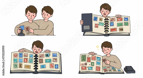 Young man enthusiastically engaging in stamp collecting, meticulously organizing his diverse philatelic album, illustrating a delightful hobby and passion for history and culture.