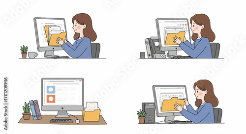 Smiling Woman Organizing Digital and Physical Documents on Computer. Modern Office Workflow, Data Management, and File Organization with a Friendly Illustration Style.