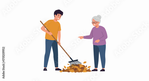Young Man Raking Autumn Leaves with Elderly Woman's Guidance, Illustrating Intergenerational Help and Community Support in a Fall Garden Cleanup