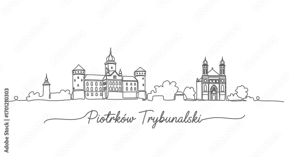 Naklejka premium Piotrkow Trybunalski Skyline with Poland Line Art.