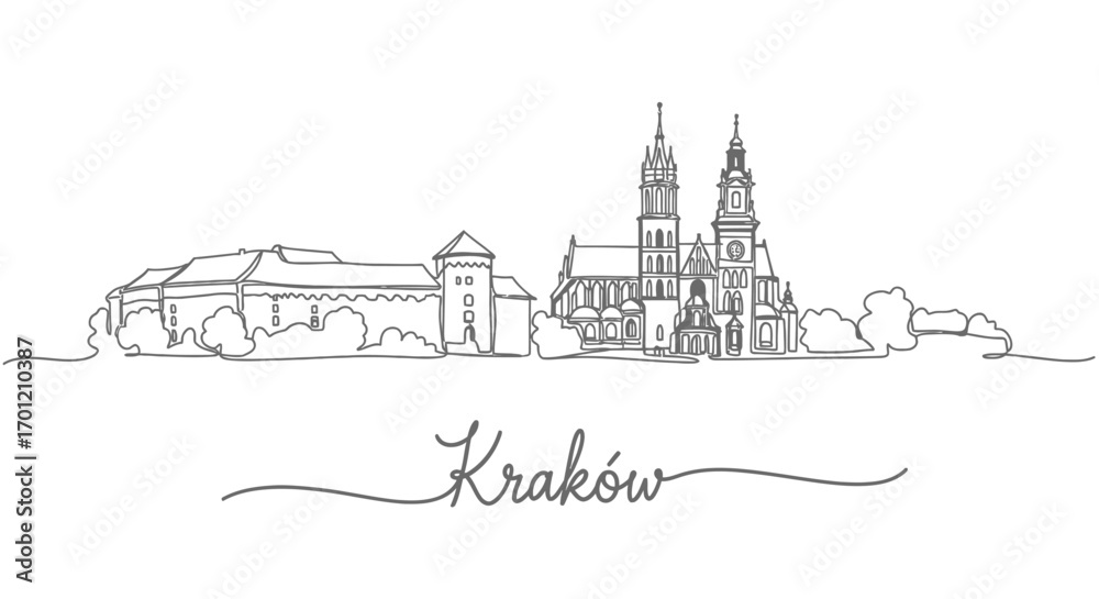 Fototapeta premium Krakow Skyline with Poland Minimal Line Art.