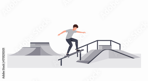 Young man skateboarding on a rail in a modern skatepark. Flat vector illustration showcasing extreme sports, urban culture, and youth recreation.