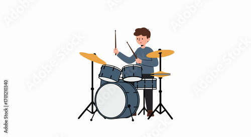 Young man playing a blue drum set with yellow cymbals, performing a musical rhythm. Flat vector illustration on a white background, perfect for music, entertainment, and hobby themes.