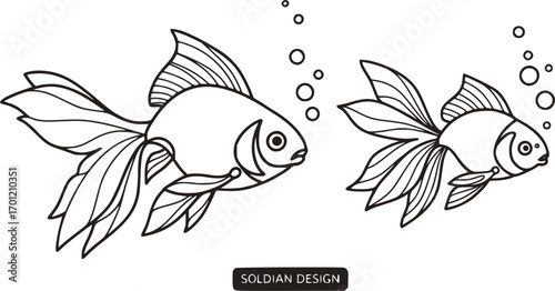 Minimalist Goldfish Line Art with Flowing Fins in a Bowl Vector Design
