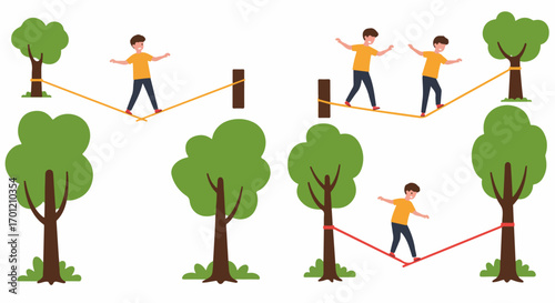 Cartoon illustration of people slacklining between trees and posts, showcasing balance, outdoor recreation, skill, and progression in a flat design style.
