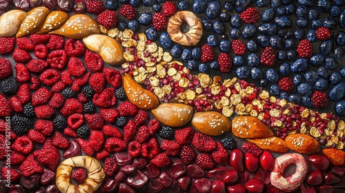 Overhead shot of a colorful mosaic of berries, pastries, and nuts
