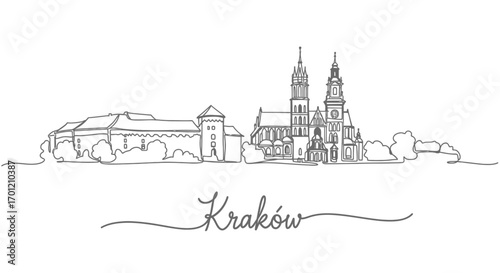 Krakow Skyline with Poland Minimal Line Art.