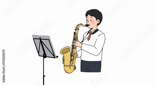 Young Musician Playing Saxophone with Music Stand Illustration