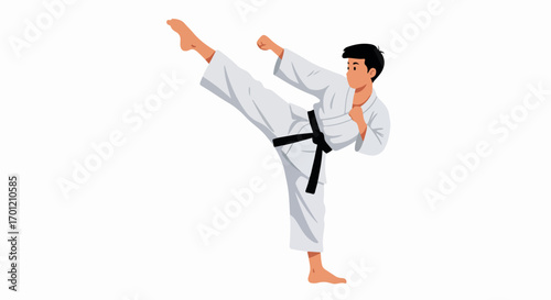 Dynamic male martial artist in white gi with black belt performing a powerful high kick, demonstrating karate skills and self-defense.
