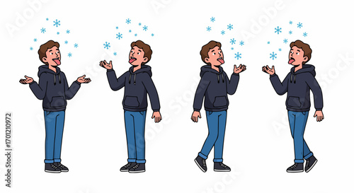 Young Man Catching Snowflakes on Tongue - Winter Fun Cartoon Illustration