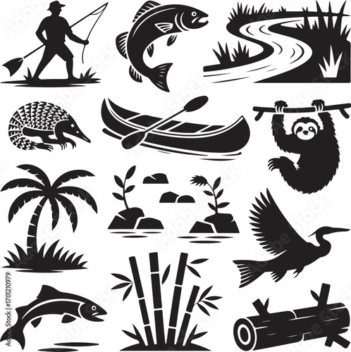Silhouette Icons of Wildlife Nature and Outdoor Recreation Set Keywords: fishing, angler