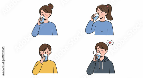 Diverse cartoon illustrations of people drinking water from glasses, promoting daily hydration, healthy habits, and general well-being.