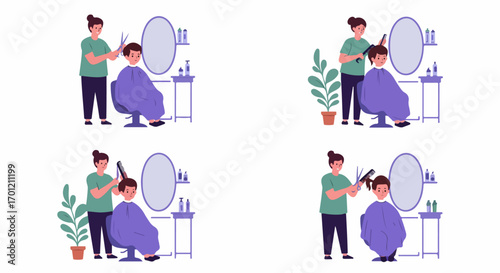 Hairdresser cutting a boy's hair in a salon. Professional stylist providing haircut services to a young client, showing different steps with scissors and comb.