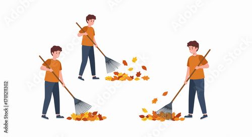 Young man raking vibrant autumn leaves. Seasonal fall yard work and outdoor cleaning represented in a flat illustration style, perfect for seasonal tasks.