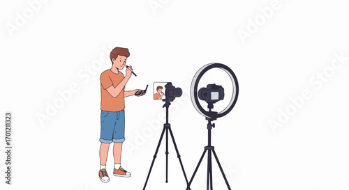 Young man recording a makeup tutorial video for his beauty vlog, using a professional camera setup with a tripod and ring light for optimal lighting.