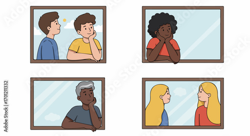 Illustrations of diverse people observing views from their windows, showcasing connection and contemplation in daily life.