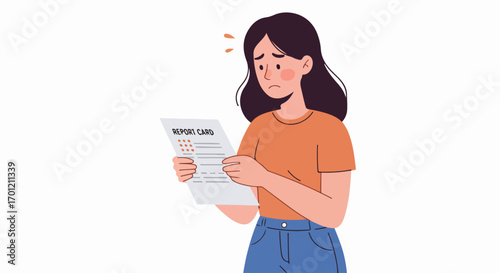 Stressed young woman looking disappointed at her bad report card, symbolizing academic struggle and anxiety about poor school grades.