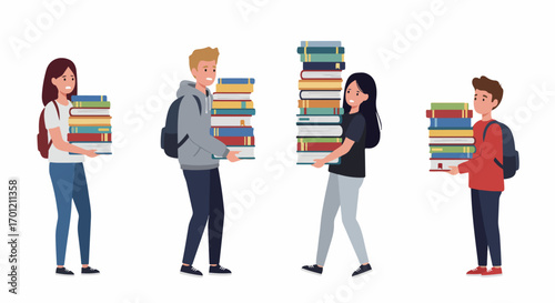 Diverse students, visibly burdened, carry towering stacks of books, symbolizing academic workload, pressure, and the challenges of education and intense studying.