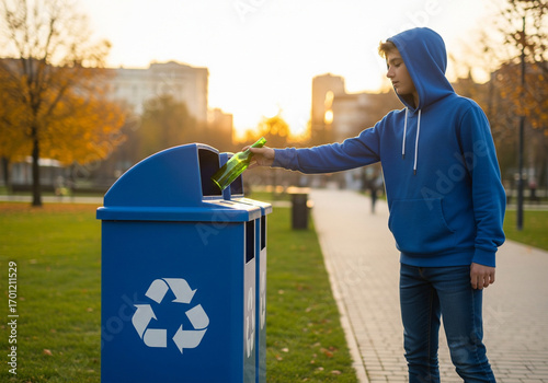 A young man in a blue hoodie demonstrates environmental consciousness by putting a glass bottle into a recycling container