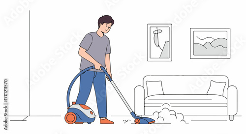 Young man vacuuming his living room, diligently performing household chores to maintain a clean and tidy home environment, an outline illustration.