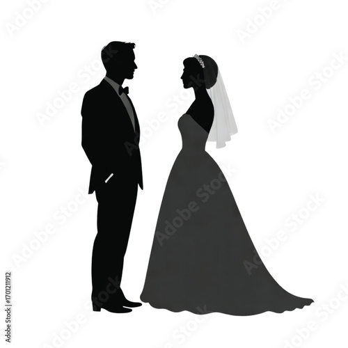 Silhouettes of a bride and groom in elegant wedding attire, standing and facing each other, symbolizing marriage and partnership.