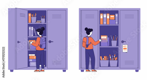 Student organizing books and art supplies in school lockers. Education, creativity, and storage solutions in a vibrant cartoon illustration.