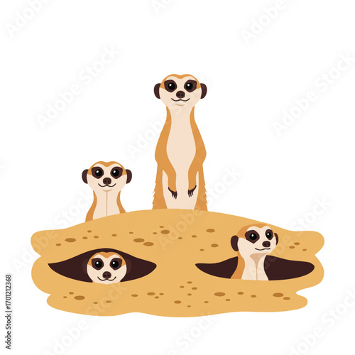 Playful meerkats emerge from their sandy burrow, with one standing tall as a watchful lookout in a vibrant 2D flat vector illustration on a clean white background.