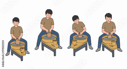 Man creating pottery on a wheel, illustrated in a step-by-step process, showcasing the traditional craft of shaping clay by hand.