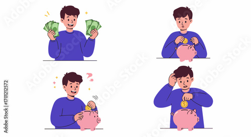 A man's journey of earning, saving, and managing money with a piggy bank, depicting financial concepts and responsible budgeting.
