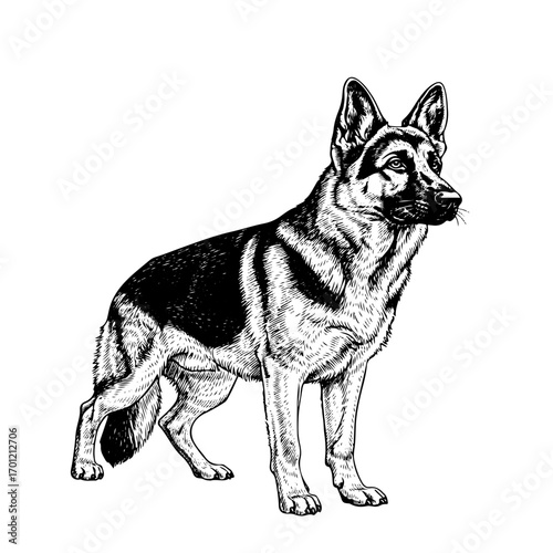 German Shepherd, line art engraving, vector illustration, isolated on transparent background