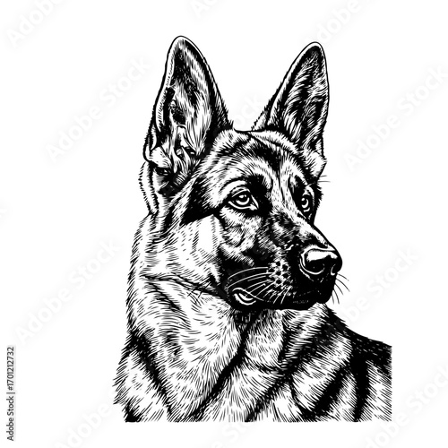 German Shepherd, line art engraving, vector illustration, isolated on transparent background