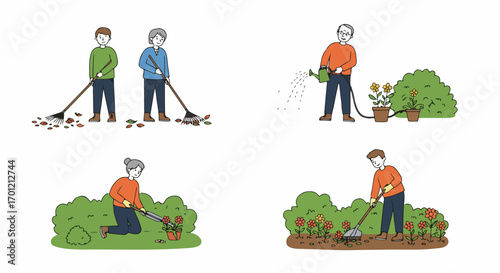 Collection of illustrations depicting people engaged in various gardening activities: raking, watering, planting, and tending. Outdoor hobbies and chores.