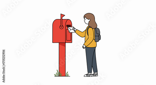 Young woman sending a letter in a red mailbox, an illustration of postal communication and message delivery.