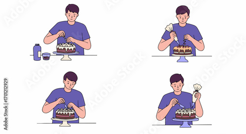 Young man decorating a homemade cake with frosting, berries, and piping bag, showcasing the baking and dessert preparation process.