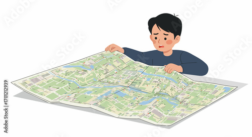 Confused young man looking at a large paper map, trying to find his way, symbolizing navigation challenges and being lost without digital aids.