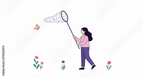 Woman with a butterfly net chasing a butterfly among spring flowers, symbolizing the pursuit of goals or opportunities.
